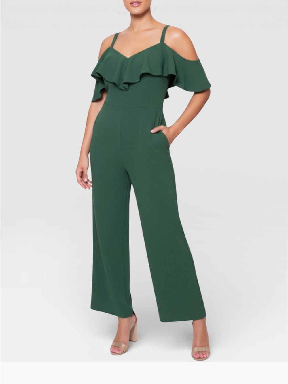 RACHEL Rachel Roy Emerald Green Cold-Shoulder Ruffle Jumpsuit